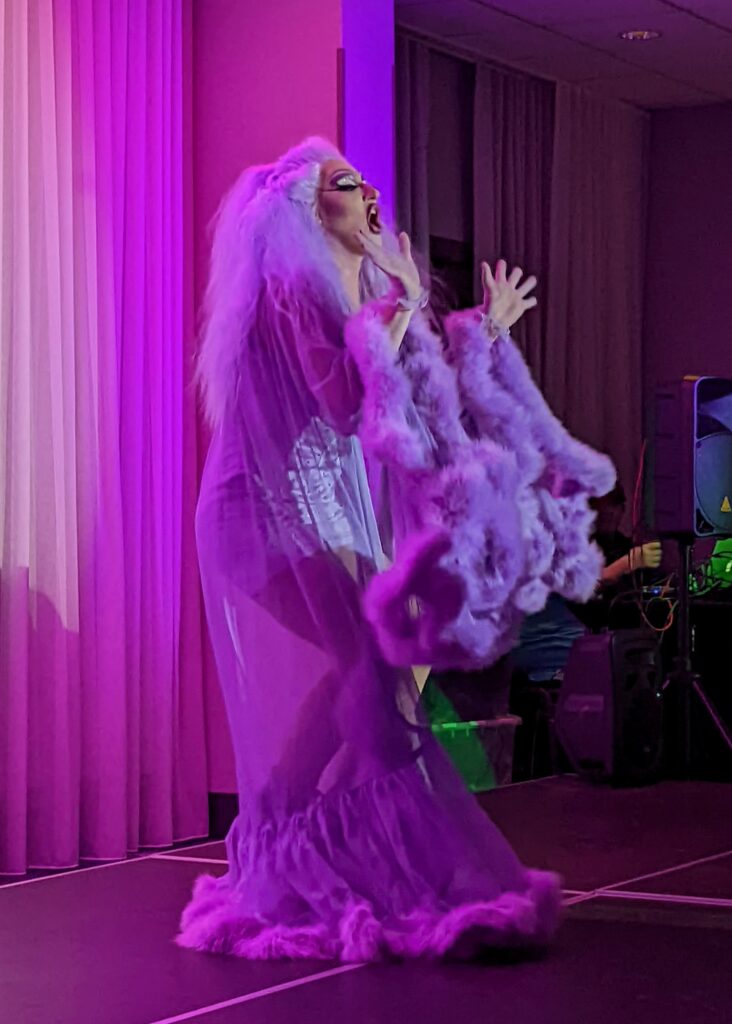 Alt text: A Drag queen is lip syncing her heart out in head-to-toe lavender—from her long curled hair to the corset underneath her sheer robe with a feather trim. 