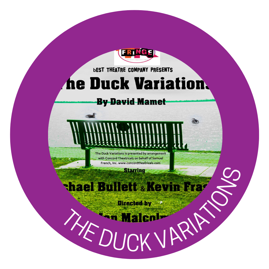 A green park bench in the outdoors. The purple ring surrounds with wording 'THE DUCK VARIATIONS' and 'The Duck Variations by David Mamet' also appears above the bench. Below the bench reads: 'The Duck Variations is presented by arrangement with Concord Theatricals on behalf of Samuel French, Inc. www.concordtheatricals.com'
