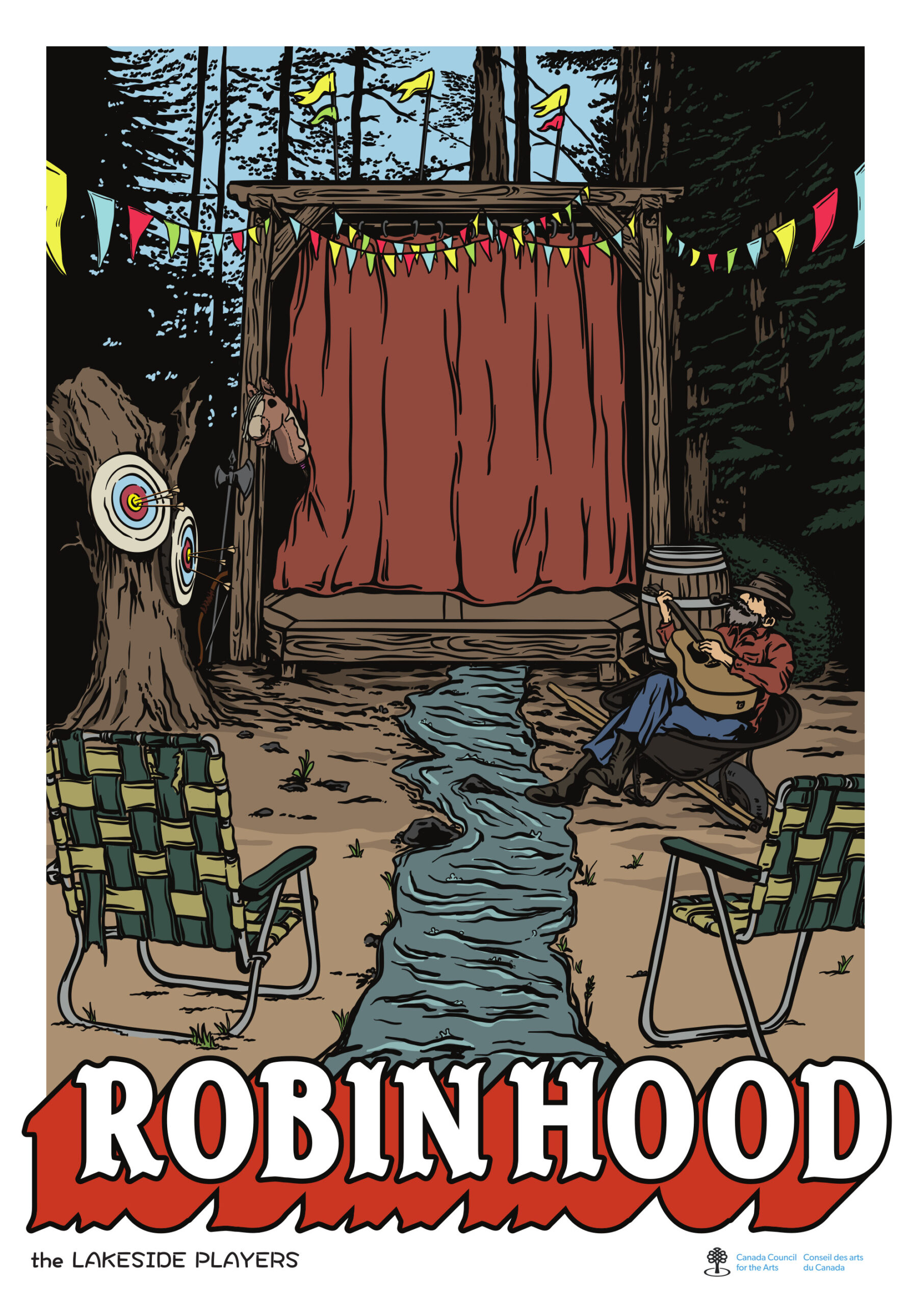 A thin stream leads up to a small, wooden stage that has red curtains pulled across. There is one lawn chair on each side of the stream. A man sits in a wheelbarrow on one side of the stream smoking a pipe and playing a guitar. Trees surround the stage and one has two archery boards attached to it. At the bottom reads: ROBIN HOOD.