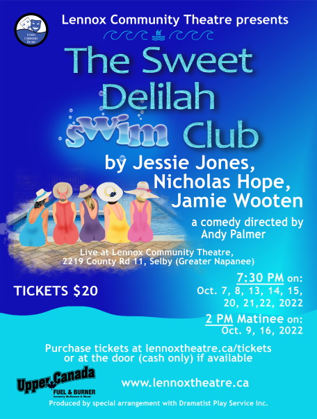 Poster for The Sweet Delilah Club. This includes the company name, playwrights, director, show dates, location, ticket information, and title. The backdrop is blue and resembles water. On the left there is an image of five woman sitting on the edge of a pool.