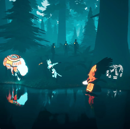 In virtual reality, a forest behind a lake. A few people stand in the forest. Brightly lit animals appear in the forefront.