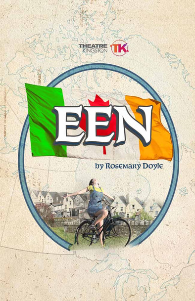 An Irish flag with a red maple leaf in the centre. Below a girl rides her bike. Text reads: "Theatre Kingston EEN By Rosemary Doyle"