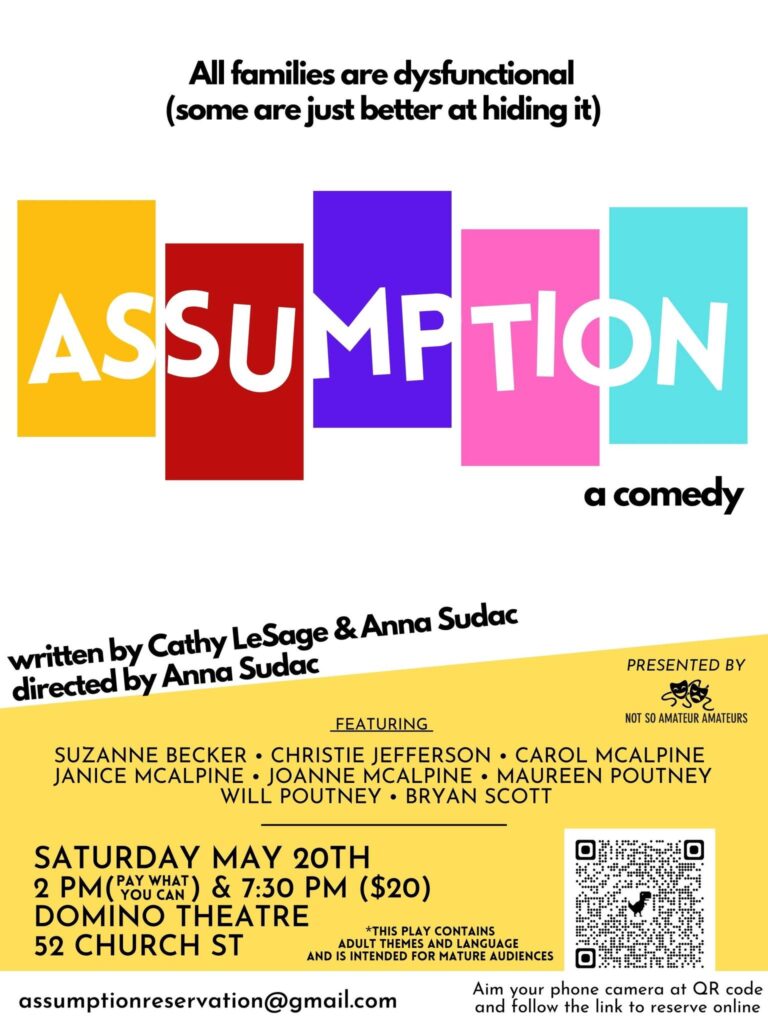 Poster for 'Assumption: a Comedy"
Text reads: 
"All families are dysfunctional (some are just better at hiding it)
ASSUMPTION 
a comedy
Written by Cathy LeSage & Anna Sudac
Directed by Anna Sudac
Presented by Not So Amateur Amateurs
FEATURING SUZANNE BECKER - CHRISTIE JEFFERSON - CAROL MCALPINE - JANICE MCALPINE - JOANNE MCALPINE - MAUREEN POUTNEY - WILL POUTNEY - BRYAN SCOTT
SATURDAY MAY 20TH 2PM (PAY WHAT YOU CAN) & 7:30PM ($20) 
DOMINO THEATRE
52 CHURCH ST
*THIS PLAY CONTAINS ADULT THEMES AND LANGUAGES AND IS INTENDED FOR MATURE AUDIENCES"
