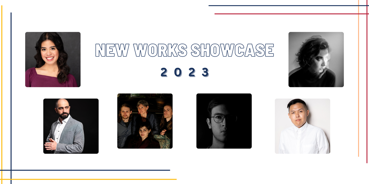 Poster for "New Works Showcase". Text reads: "New Works Showcase 2023" Surrounding the text are images of the folks involved in the showcase.