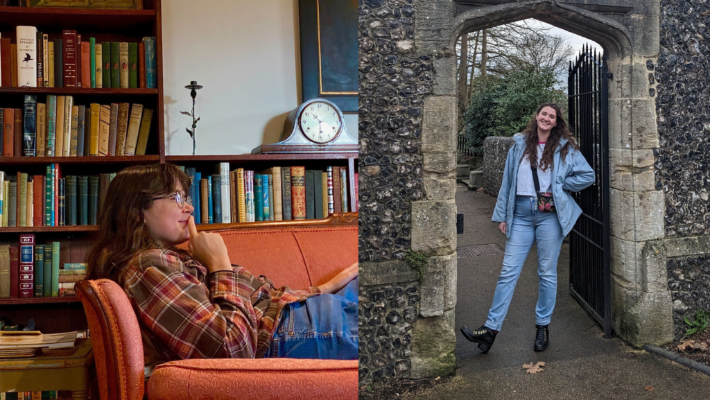 Photo of Sarah Emtage lying on a couch in front of a bookcase on the left. Photo of Shannon Kingston outdoors on the right.