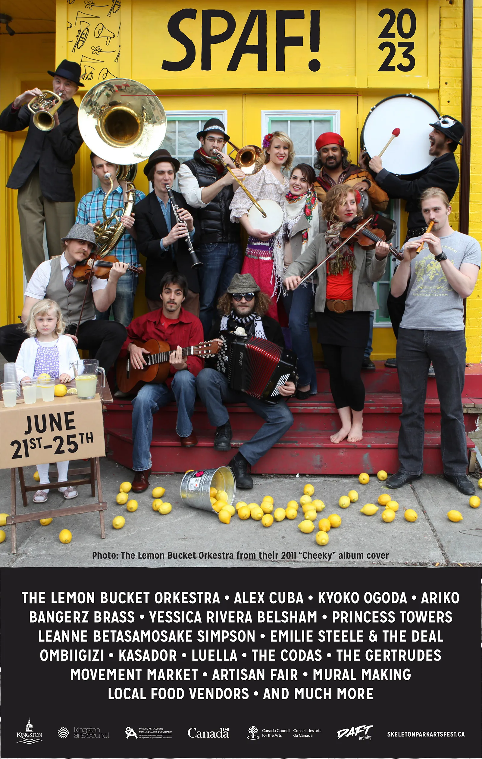 Poster for Skeleton Park Arts Festival 2023. The photo included is The Lemon Bucket Orkestra from their 2011 "Cheeky" album cover.
