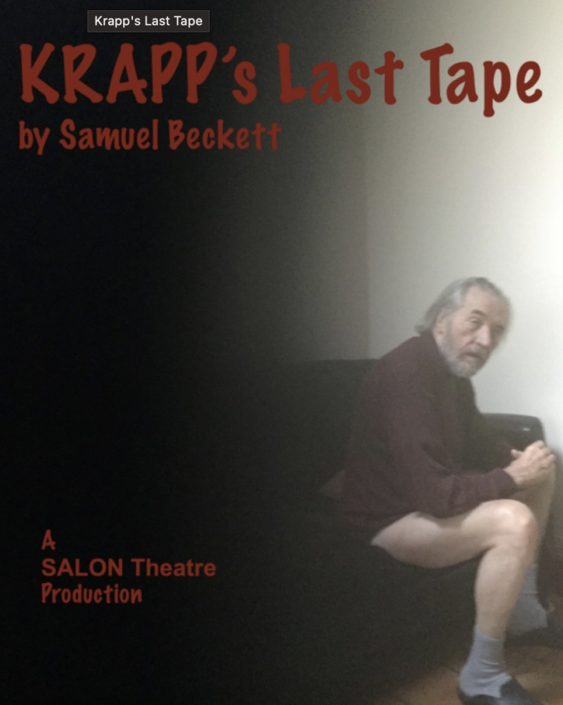 Poster for 'Krapp's Last Tape'.
A man is seen sitting on a couch with no pants on. 