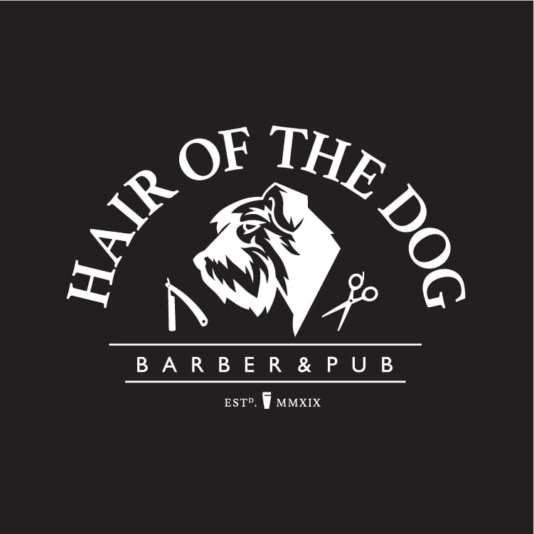 Illustration of a dog's head next to a pair of scissors and razor. Text reads "HAIR OF THE DOG BARBER & PUB".