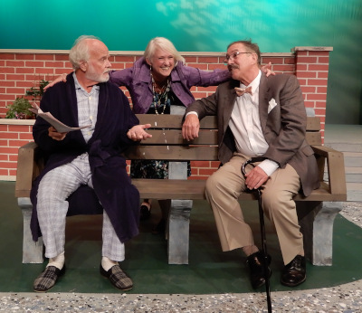 Phil Perrin, Judy Tetlow, and Harold Potter performing in 'A Bench in the Sun'.