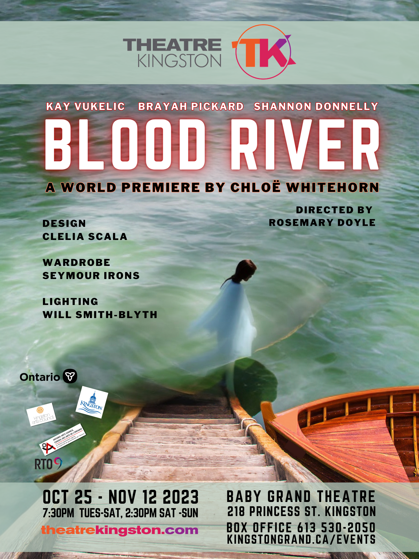 Poster for Theatre Kingston's production of 'Blood Rover'. A woman is standing at the end of a dock on the poster. The title, showtimes, cast, director, wardrobe, lighting, and design are listed on the poster.