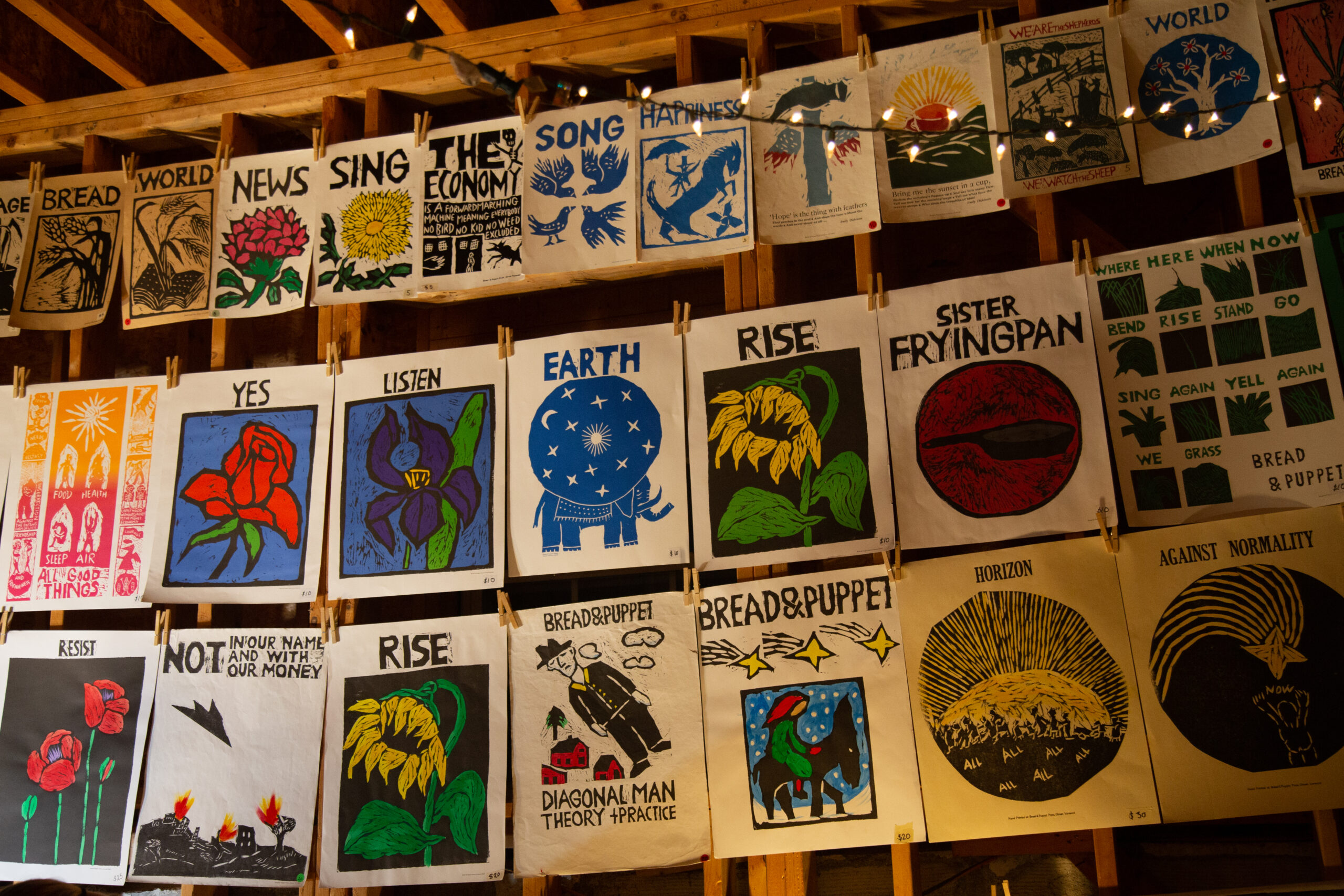 Many posters for Bread and Puppet Theater's 'Inflammatory Earthling Rant' line a wall in three rows.