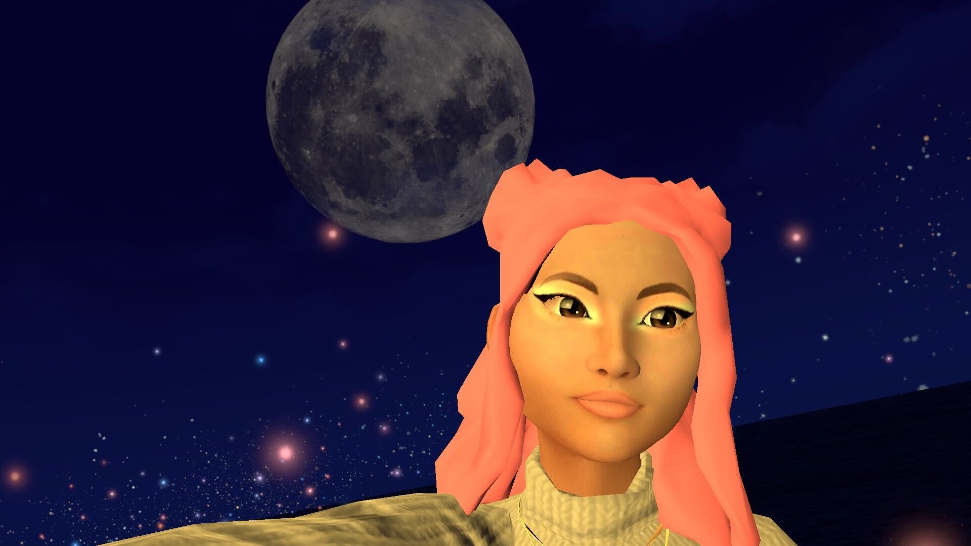 Virtual reality image of a woman with pink hair in space with the moon behind her.