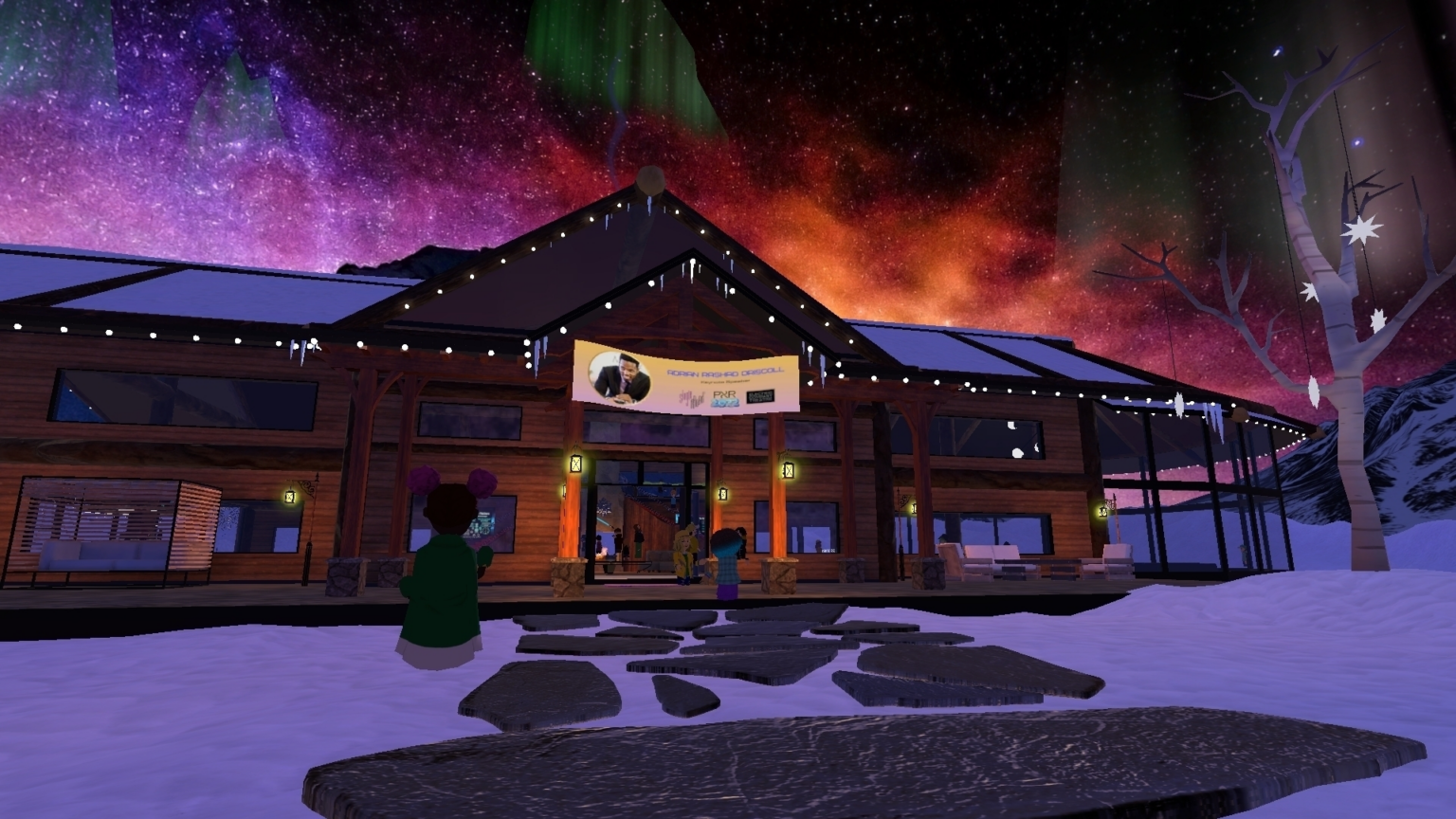 Virtual reality image of a cabin with a purple/pink/red sky behind it. The cabin is surrounded by snow.