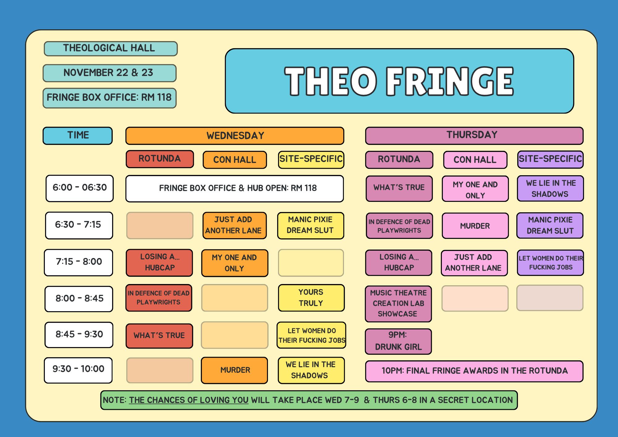 Schedule for TK THEO Fringe 2023. Location, days, times, and shows involved are noted.