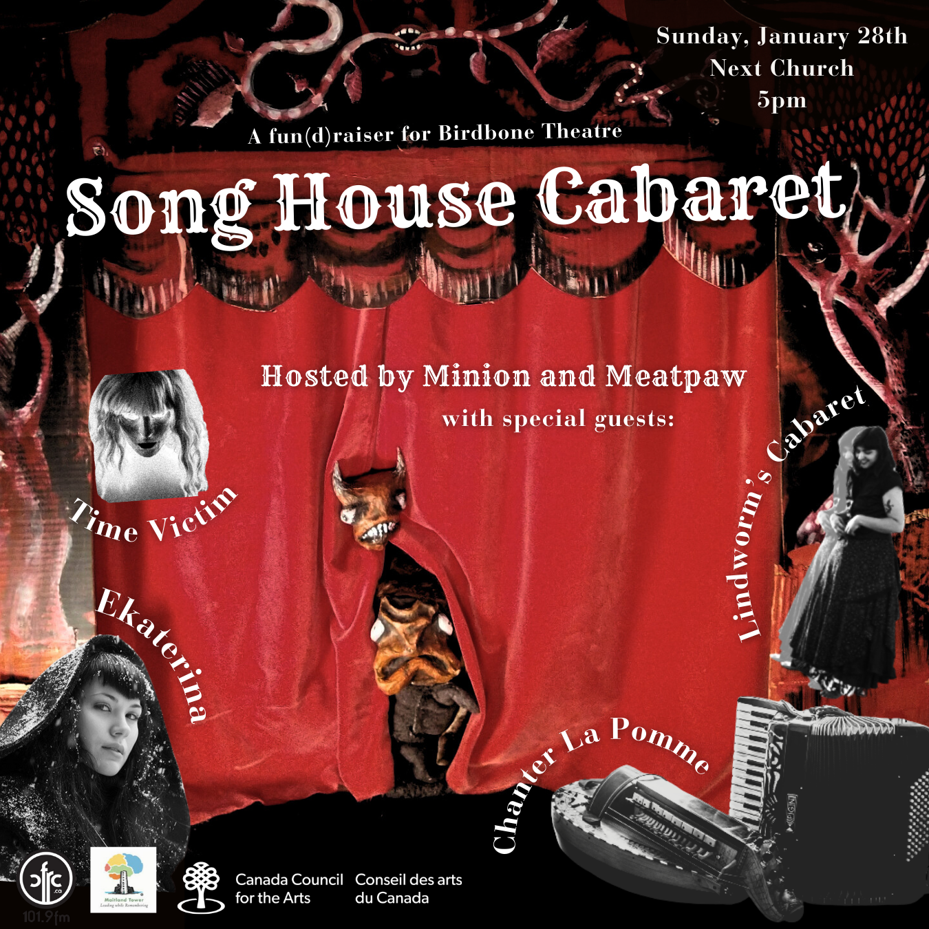 Poster for Birdbone Theatre's 'Song House Cabaret'.The title of production, date, location, hosts, and special guests are noted.