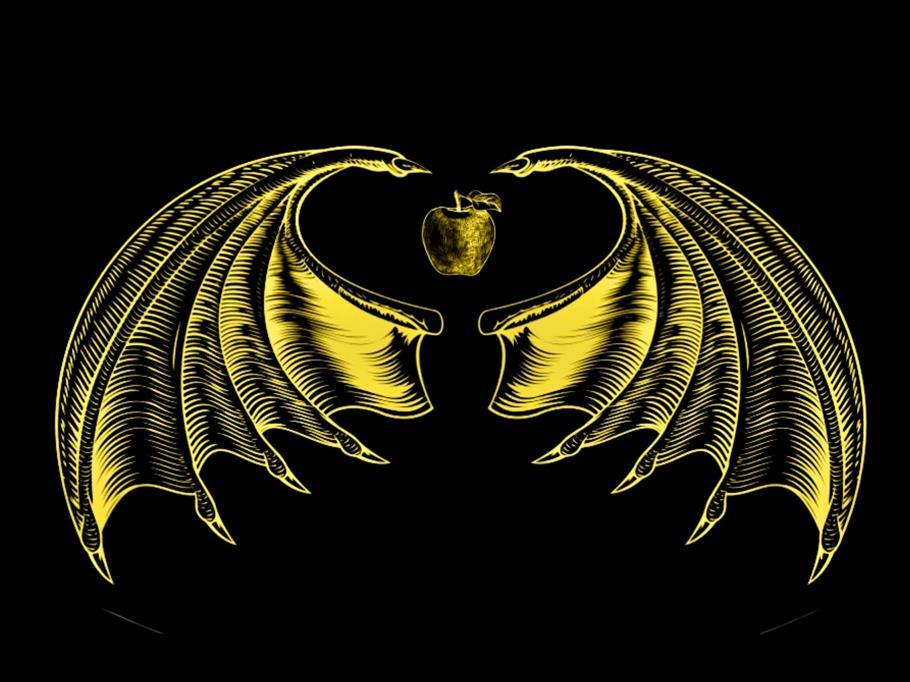 Two gold wings. Between them is a gold apple.