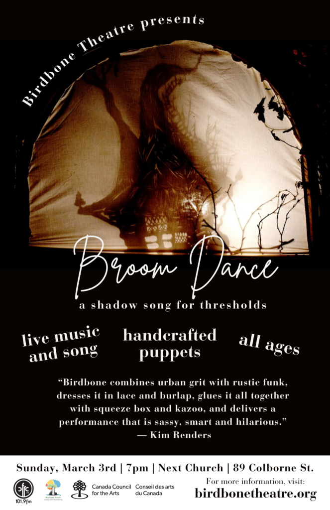 Poster for Birdbone Theatre's 'Broom Dance'. It includes the company, title of show, location, date, and website.