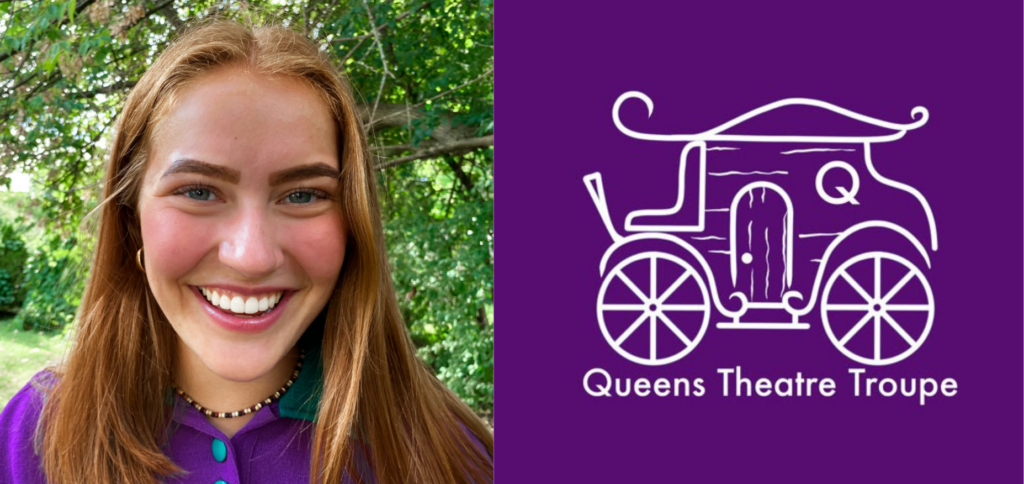 On the left is a headshot of Victoria J Marmulak. On the right is the Queens Theatre Troupe logo by Noah Solomon.
