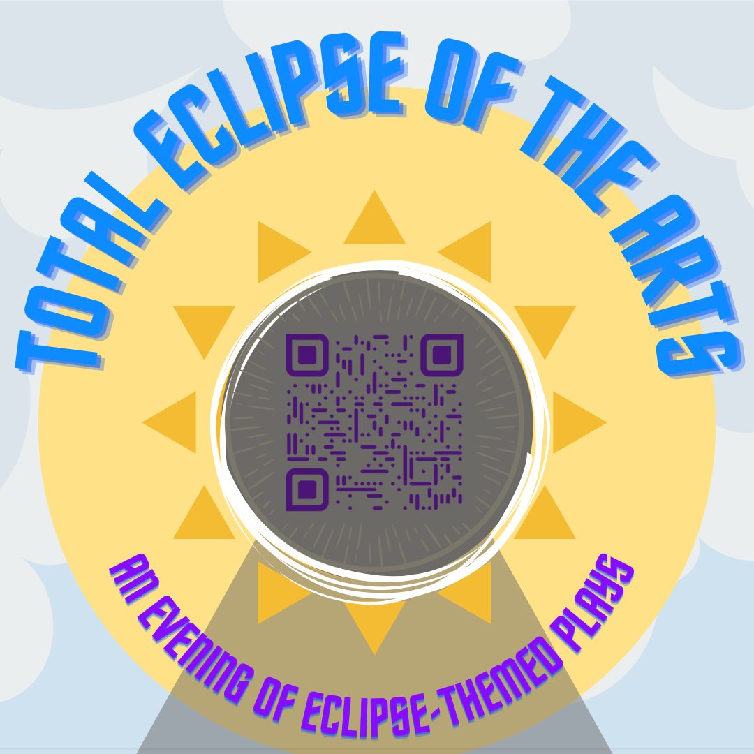 Poster for 'Total Eclipse of the Arts'. Animation of the moon partially covering the sun with a QR code in the middle.