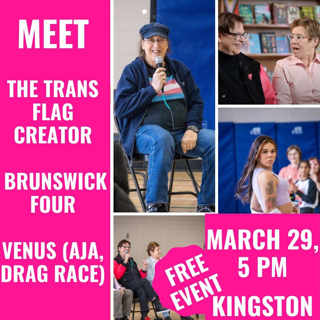 Poster with event details for International Day of Pink in Kingston. Text reads: "Meet the Trans flag creator Brunswick Four Venus (AJA, Drag Race) Free Event March 29, 5 PM Kingston