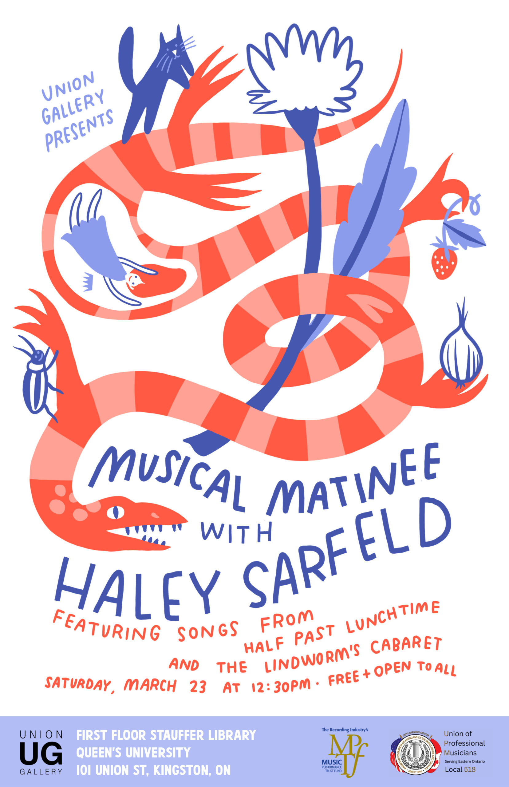 Poster for 'Musical Matinee with Haley Sarfeld'. Location, date, time, presenter, and featured songs are noted.