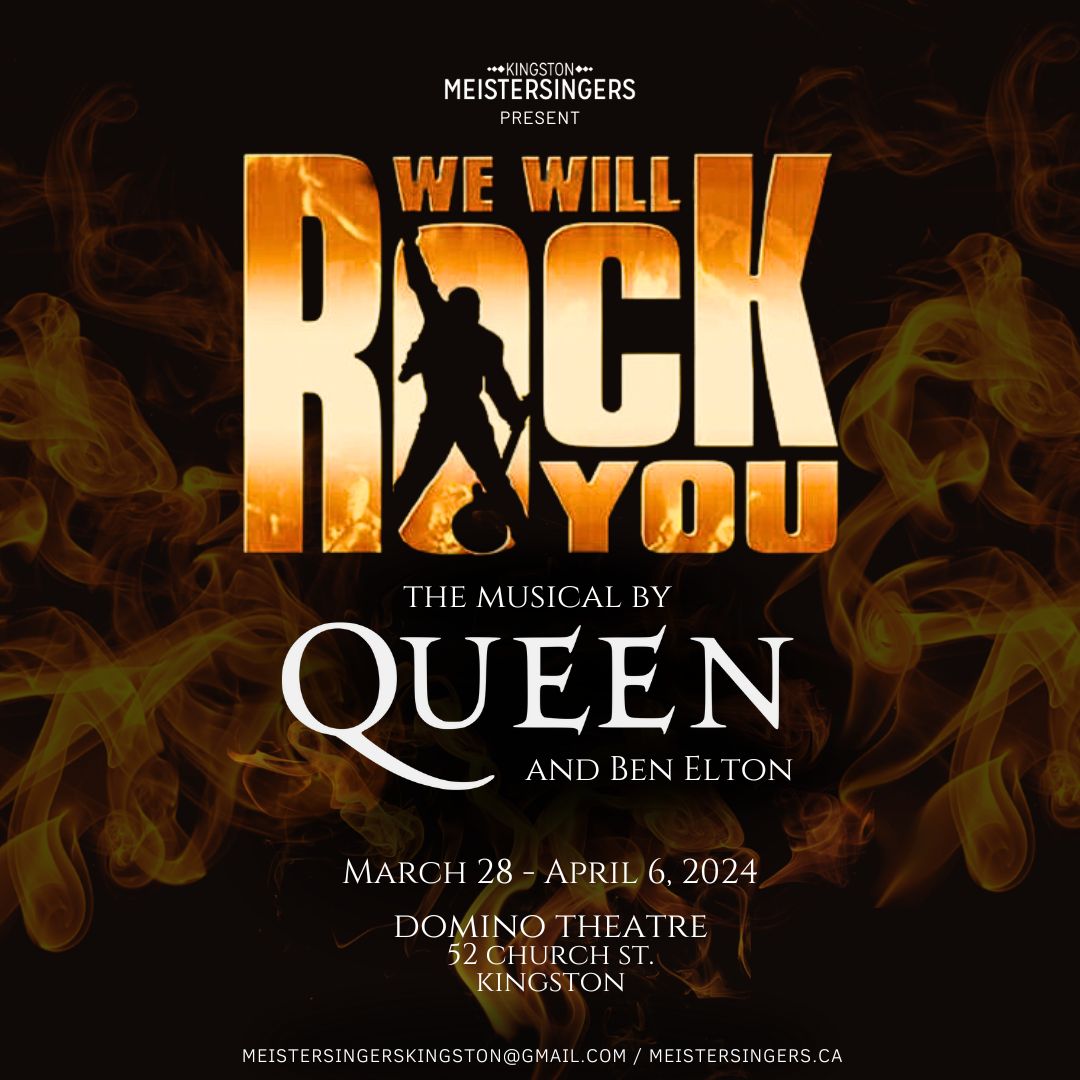 Poster for Kingston Meistersingers' production of 'We Will Rock You!'. The title, production company, dates, times, and location are noted.