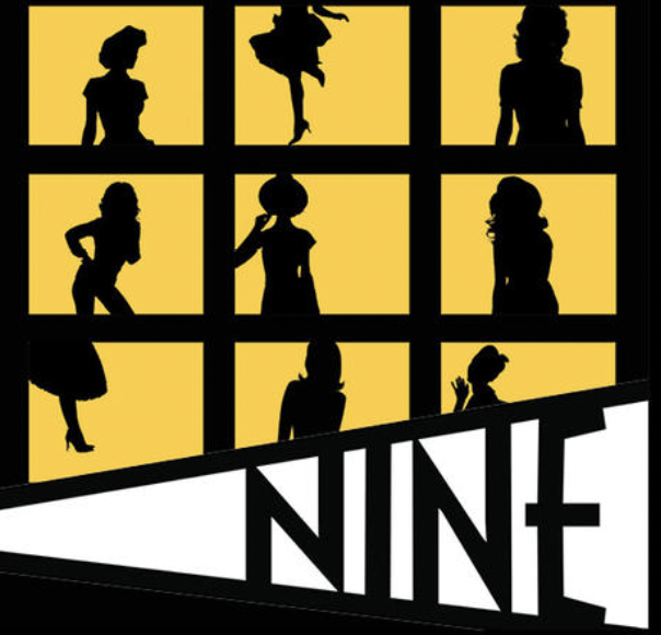 Partial image of St. Lawrence College's poster for their production of 'Nine'. Nine yellow blocks are pictured with a shadowy image of a person inside. A white block contains the title in large black letters.