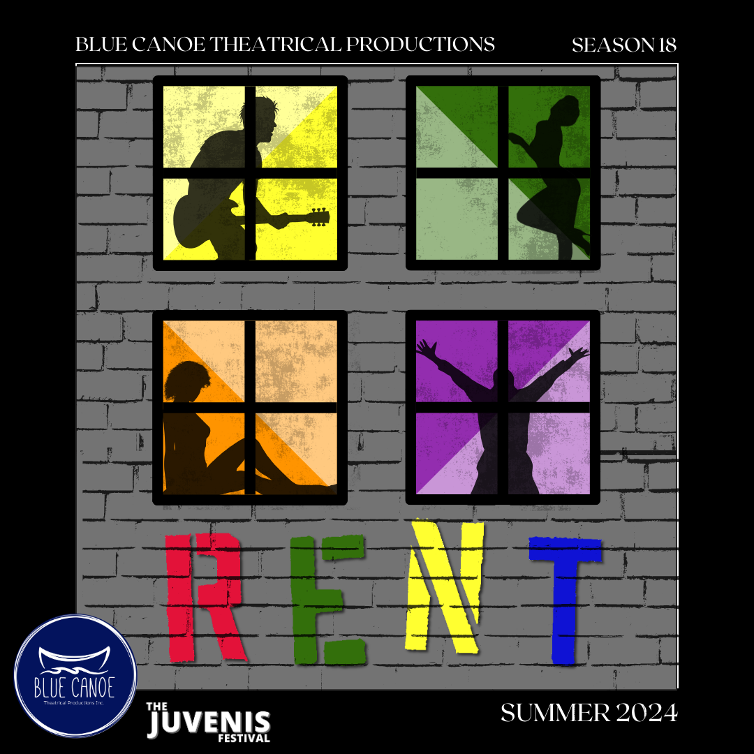 Blue Canoe Productions' 'Rent'. The title and presenting companies are noted. There is an animation of a brick wall with four different coloured windows and shadows inside them.