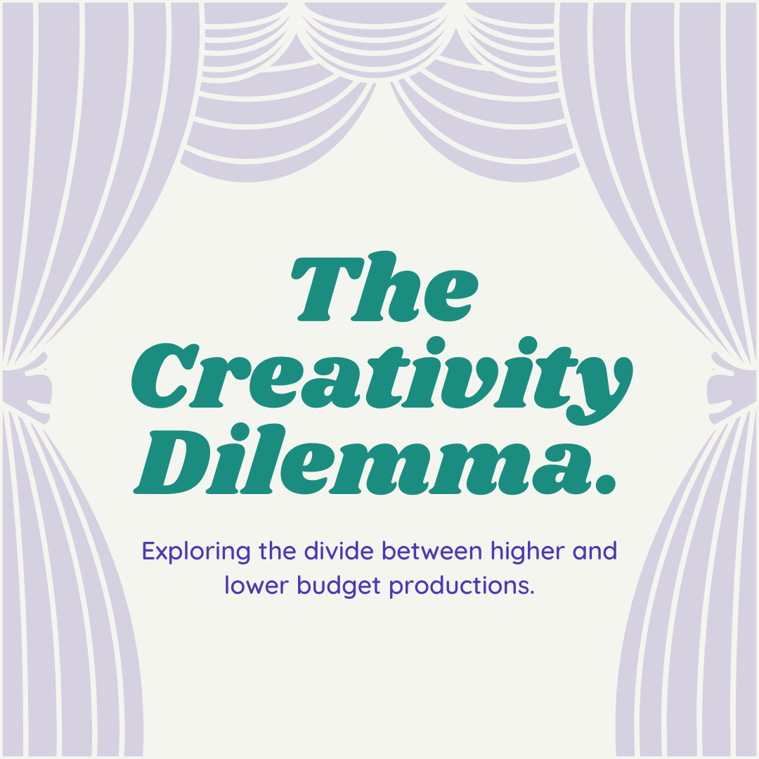 Animated purple curtain with the words: "The creativity dilemma. Exploring the divide between higher and lower budget productions."