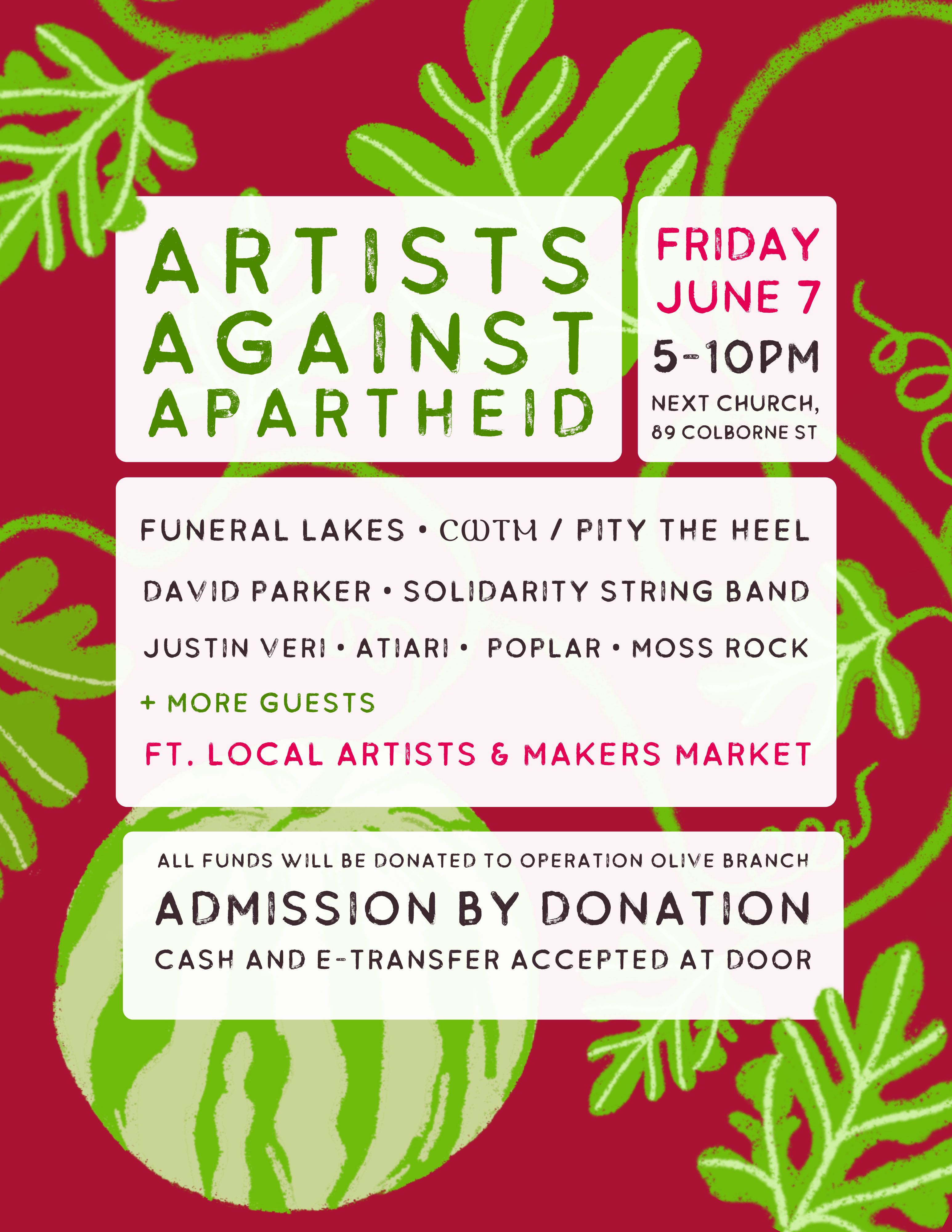 Poster for 'Artists Against Apartheid'. The event title, date, time, and location are listed. Text also includes: "All funds will be donated to operation olive branch Admission by donation Cash and e-transfer accepted at door". Some of the artists performing are also named.