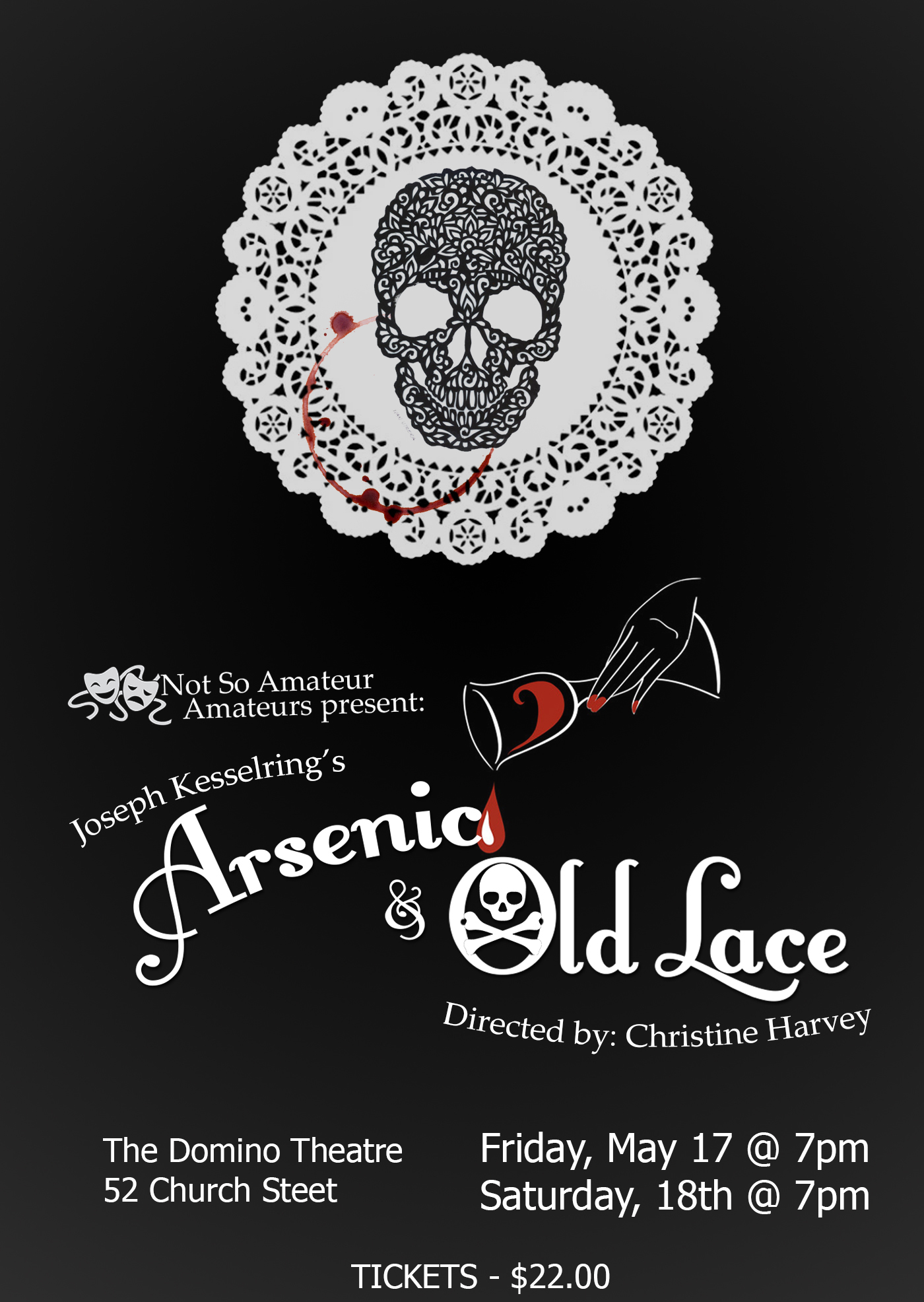 Poster for 'Arsenic and Old Lace'. Company, title, playwright, director, date, time, location are listed.