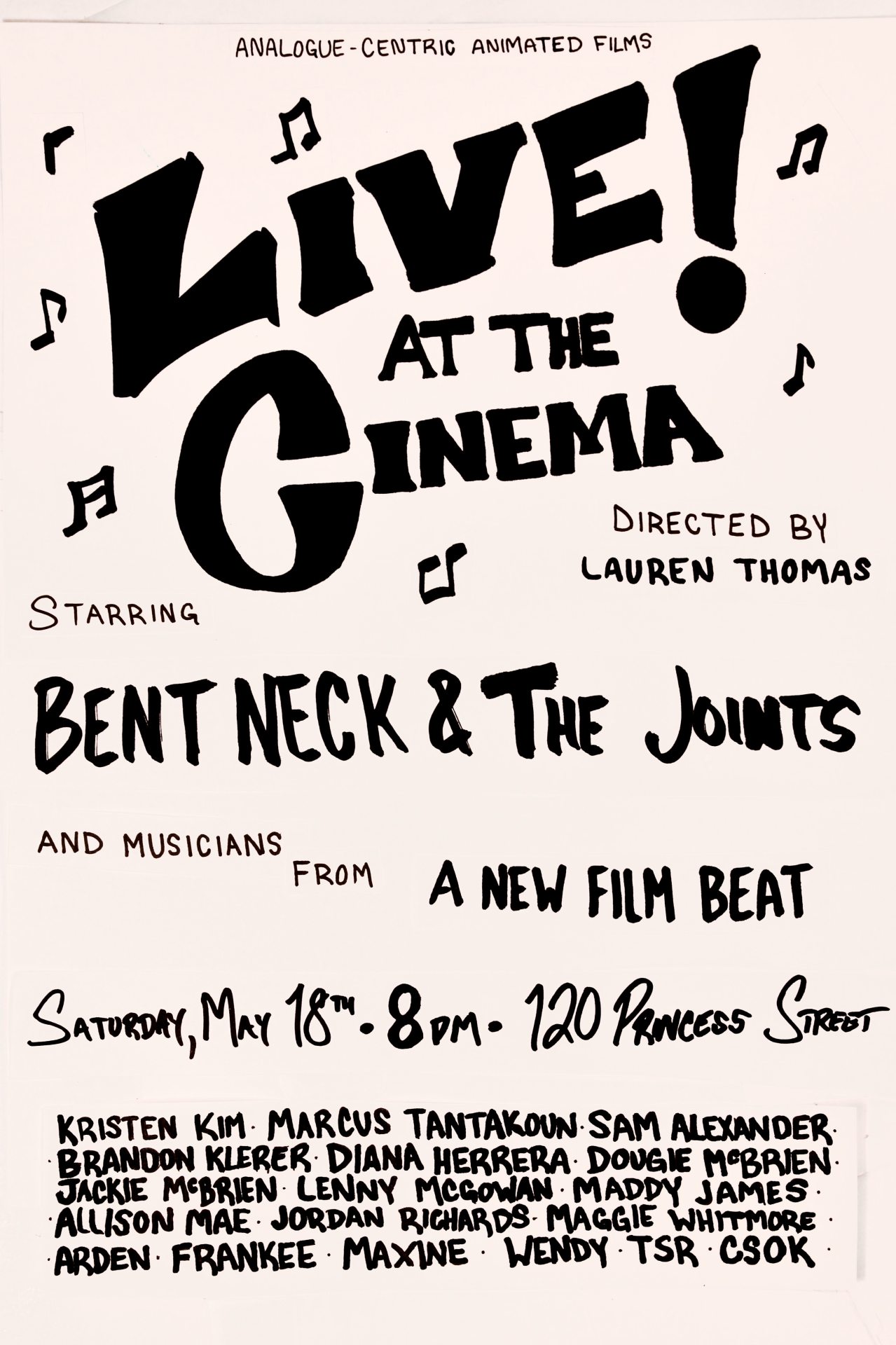 Poster of 'Live! At The Cinema'. The title, performers, director, date, time, and location are noted.