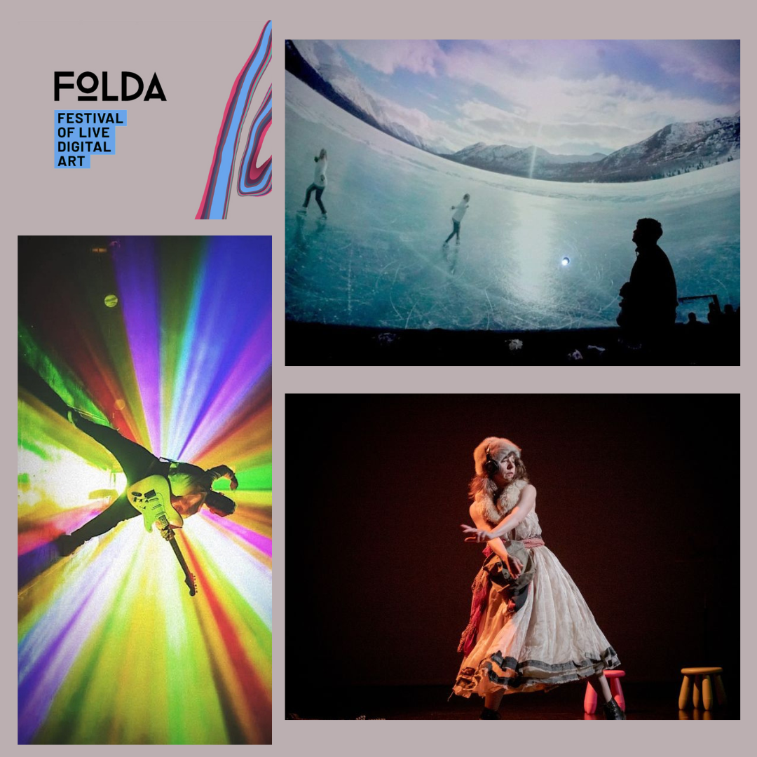 Festival of Live Digital Art 2024's logo is in the top left corner. In the top right corner is an image of people skating. In the bottom left corner is a graphic of someone playing the guitar surrounded by many colours. On the bottom right is an image of a woman onstage wearing headphones and a dress.