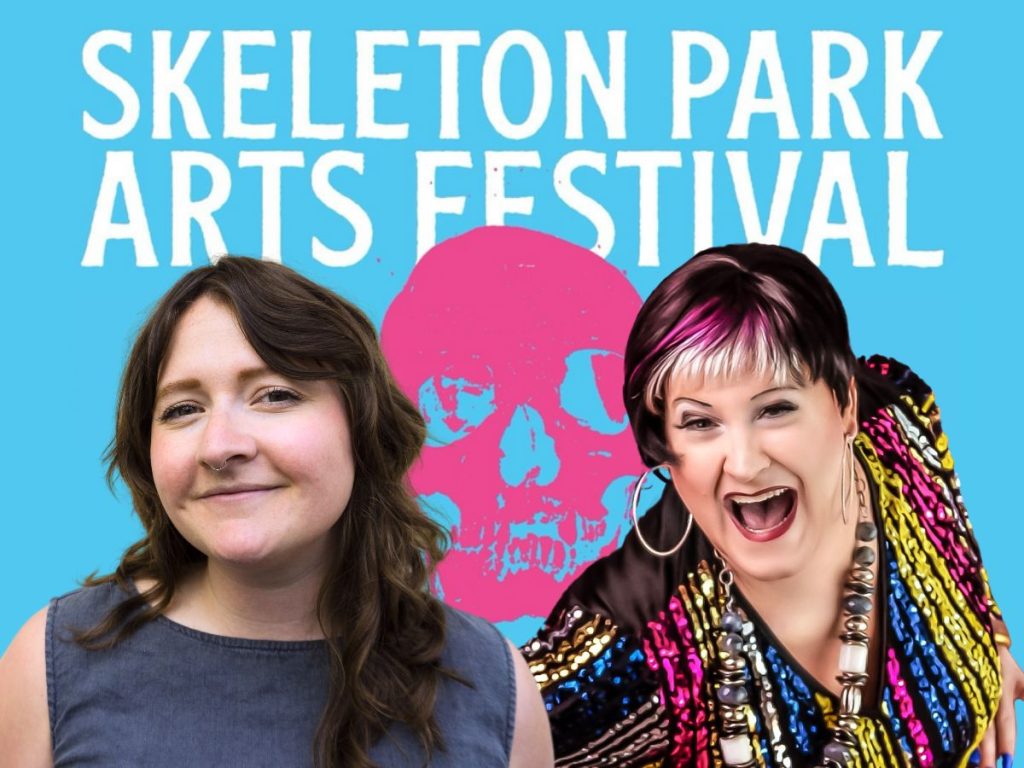 Mariah Horner and Tyffanie Morgan pictured in front of the 2024 Skeleton Park Arts Festival poster. 