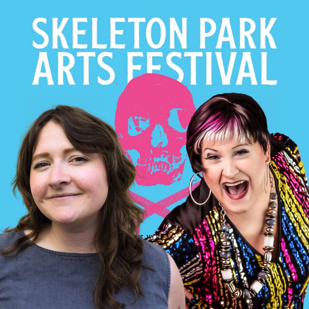 Mariah Horner and Tyffanie Morgan pictured in front of the 2024 Skeleton Park Arts Festival poster.