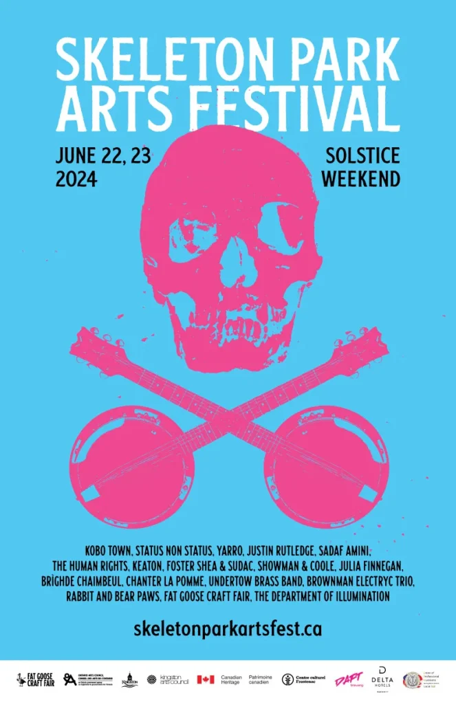 Poster for 2024 Skeleton Park Arts Festival. The title, dates, artists, sponsors, and website are noted. There is also an image of a skull and crossbones but the crossbones are instruments.
