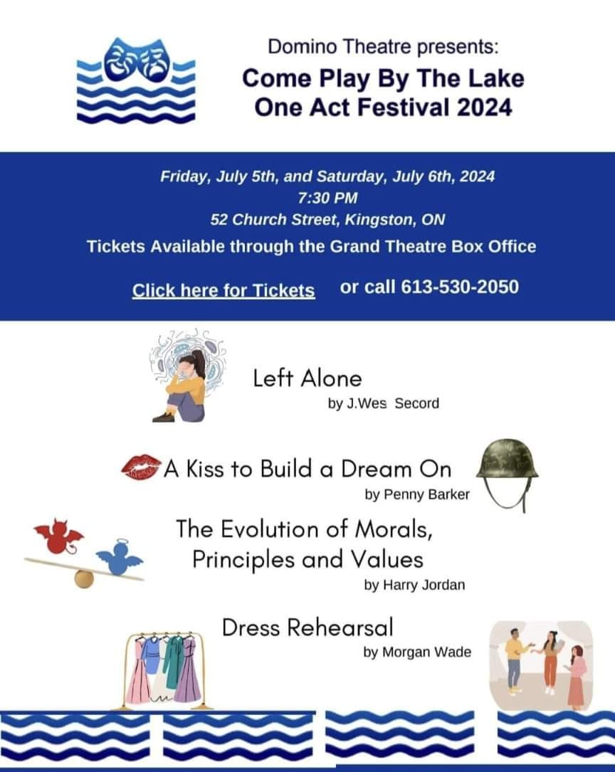 Poster for Domino Theatre's annual one acts. Included are the show titles, playwrights, dates, company, times, ticket link, and phone number.