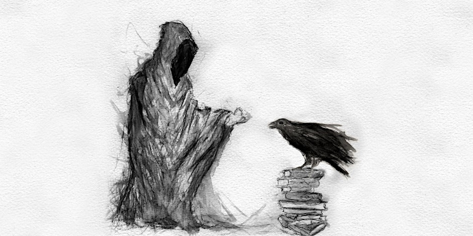 A drawing of a hooded figure reaching out to a crow who is perched on a stack of books.