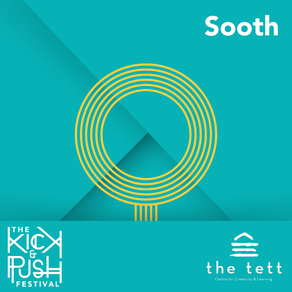 The 2024 Kick & Push Festival's poster for 'Sooth'. The title is in the top right, the Kick & Push logo is in the bottom left, the Tett Centre logo is in the bottom right. The background is blue with yellow lines in the middle.