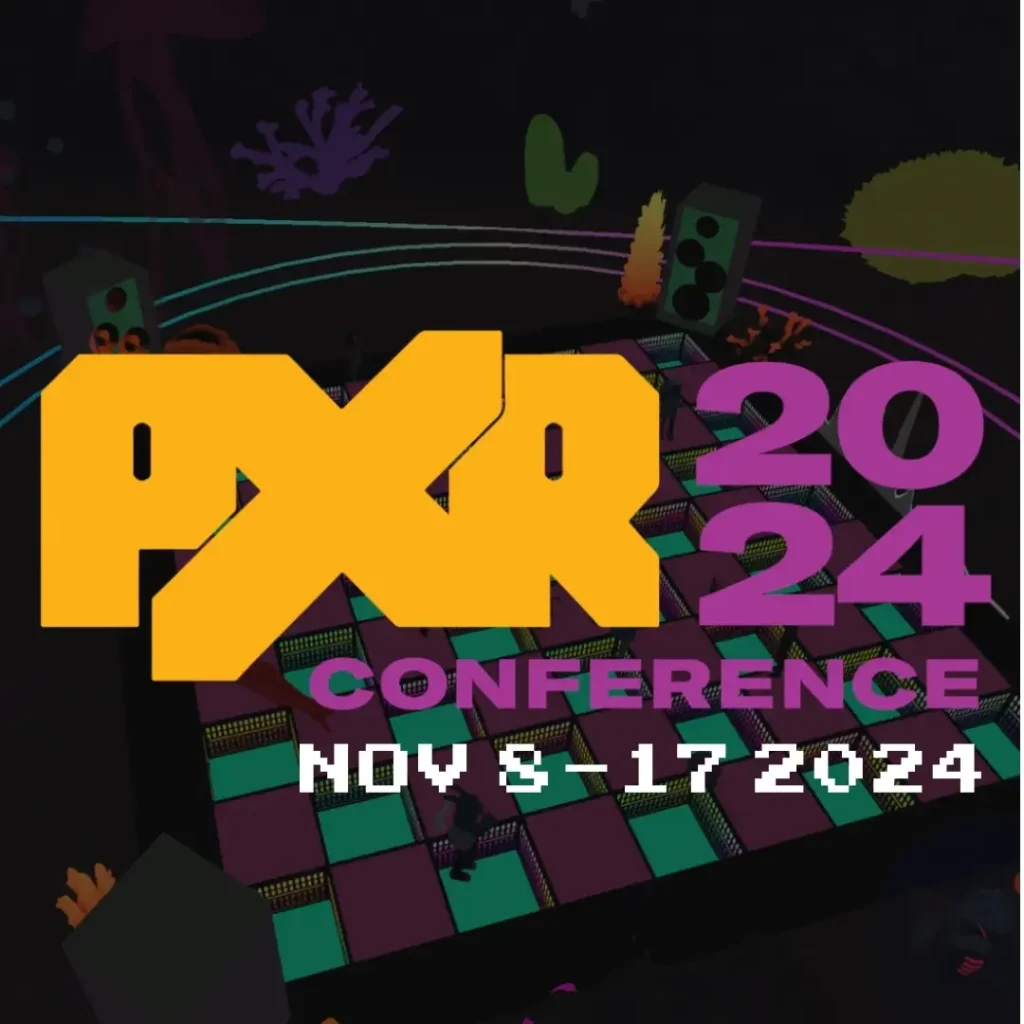 Graphic for PXR2024 Conference. The background is a dark animation with colourful blobs, squares, and lines. The wording includes 'PXR2024 CONFERENCE' and the dates of the conference.