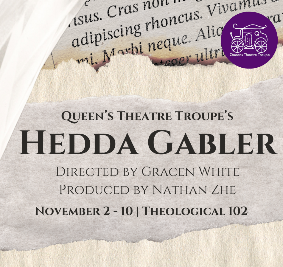 Poster for Queen's Theatre Troupe's production of 'Hedda Gabler'. Poster includes theatre company name and logo, location, dates, director, and producer. The background is white-themed.