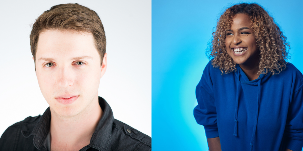 On the left is a headshot of Jo Pagnan against a white background. They have light brown hair, wear a black collared shirt, and stare straight-faced into the camera. On the right is a headshot of Fatuma Adar. She wears a blue hoodie against a blue background. She has curly hair that sits at her shoulders and she is smiling off to the side of the camera. 