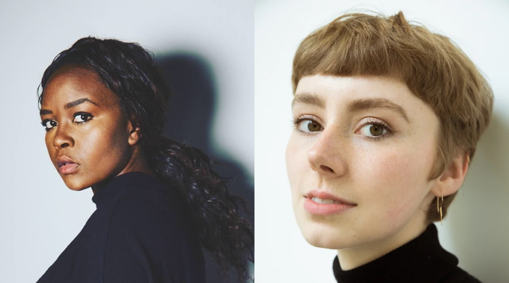 On the right is a headshot of Germaine Konji. They are in profile against a white background. Their black hair is tied in a low ponytail and they wear a black turtleneck. They stare straight at the camera. They cast a shadow on the wall behind them. On the right is a headshot of Clarke Blair. She faces the camera at a slight angle to the left. She has short, blonde hair and wears a black turtleneck and gold earrings. She stares at the camera with a very slight upwards smile. 