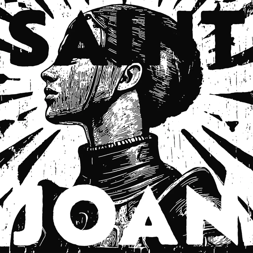 Poster for Living Edge Collective's production of 'Saint Joan'. There is a black and white drawing of a woman in profile and black explosive lines appear around her. 'SAINT' is in large block letters at the top of the poster and cuts off the top of the woman's head. 'JOAN' appears in large block letters at the bottom of the poster.