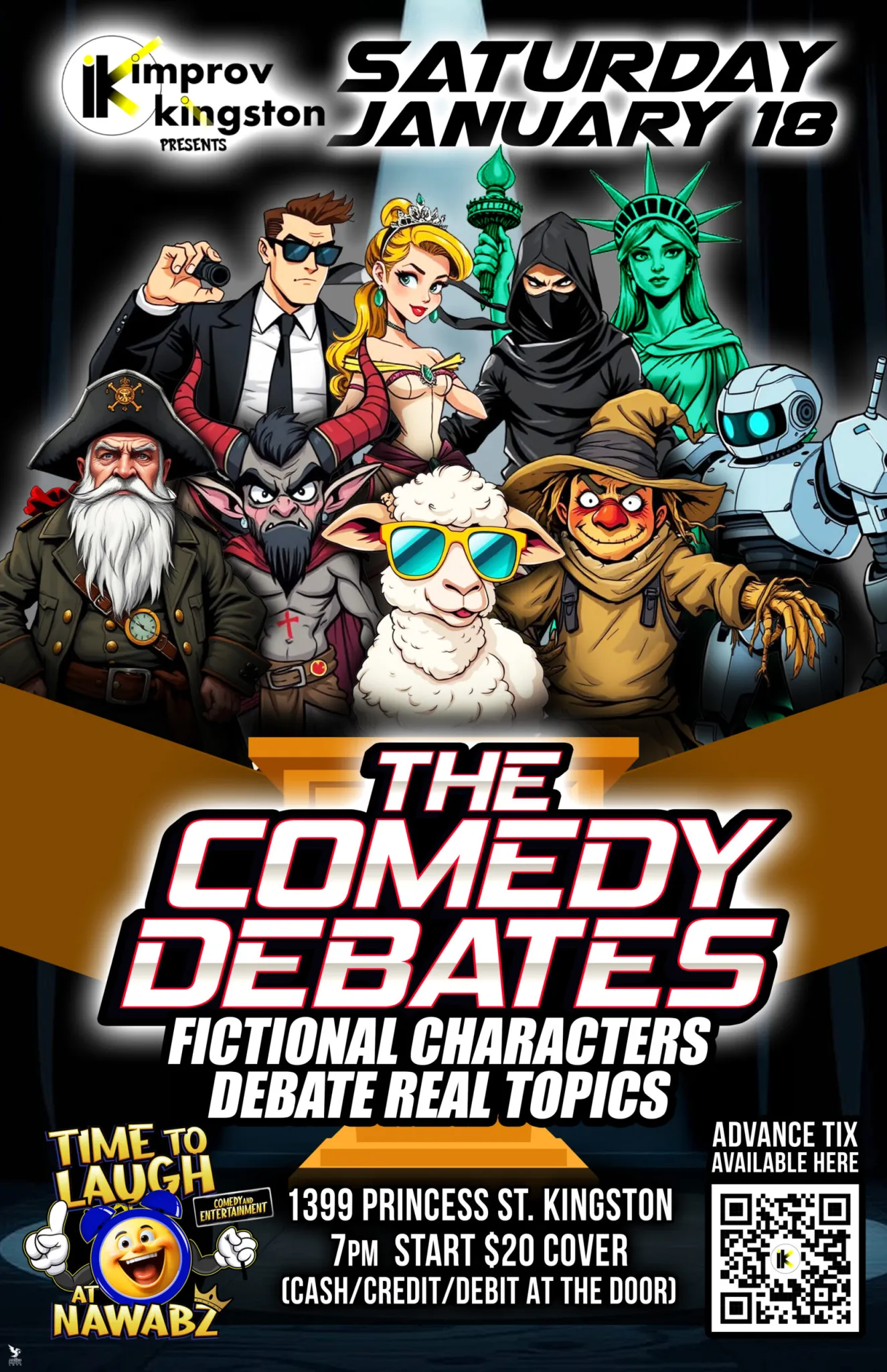 Poster for Improv Kingston's 'The Comedy Debates'. Nine fictional characters in varying styles are at the top of the image: a man in a black suit, a woman in a dress and tiara, someone in an all black outfit which only reveals their eyes, the Statue of Liberty, a man with a long white beard and ship captain's uniform, a man with a goat's beard and horns like a goat, a sheep wearing sunglasses, a scarecrow in a tan-coloured outfit, and a robot. The title of show, its date, company name, location, cost, ticket link and information are all mentioned on the poster. The logo for Time to Laugh at Nawabz is in the bottom left of the poster.