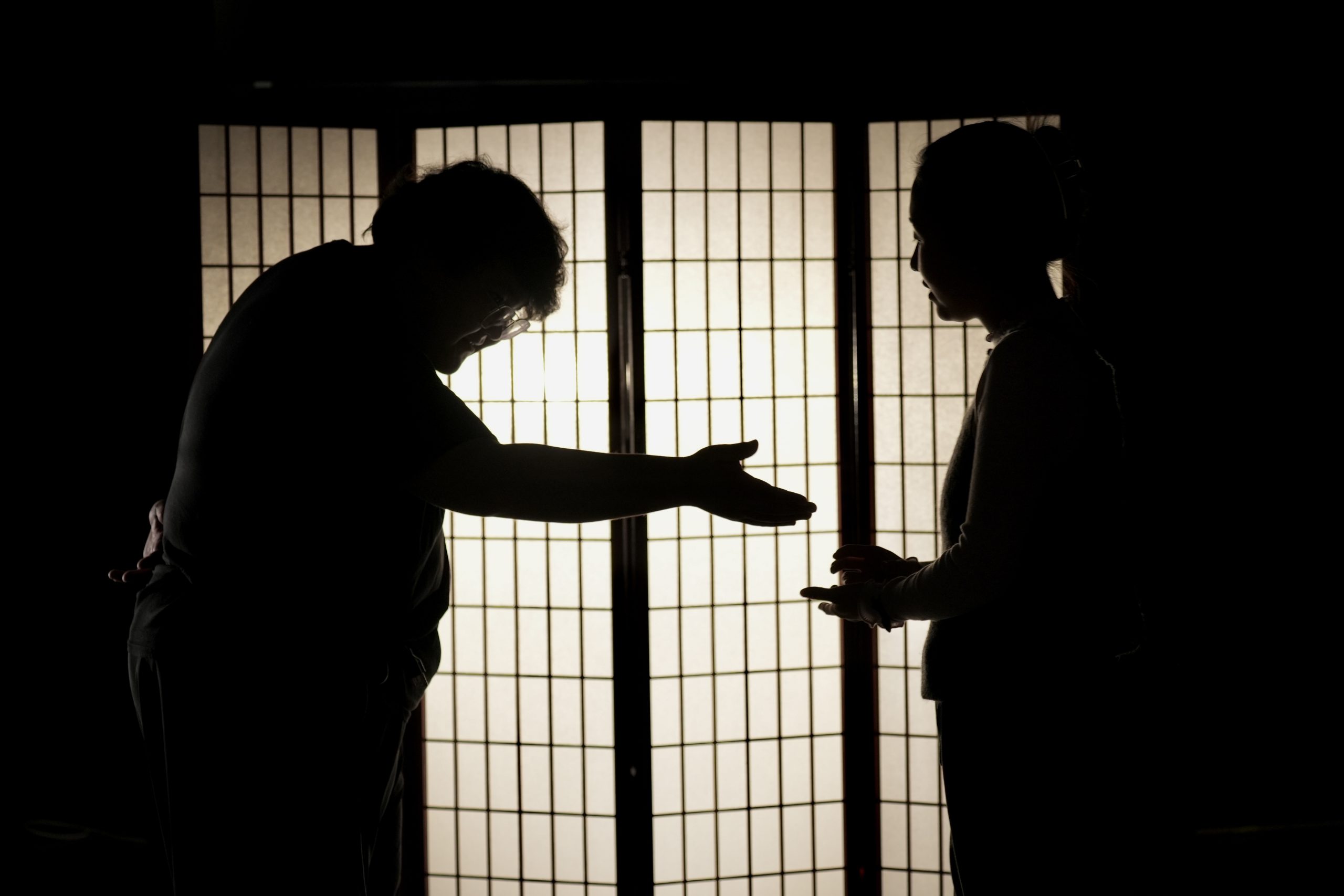 Two people stand in front of a white room divider. Light appears to come from behind the divider making the people appear as though they are shadows. One reaches out to shake the other's hand. The other has put their hand out only slightly.