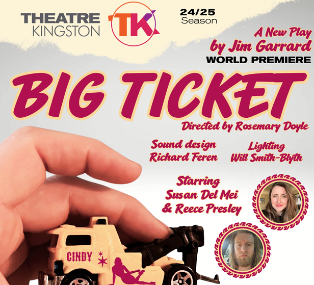 Poster for Theatre Kingston's production of 'Big Ticket'. The poster has a close up image of a hand holding a toy truck. The poster has a headshot for both starring cast members of the show. The poster notes the show's title, company, playwright, starring cast, director, lighting credit, sound designer.