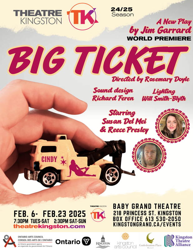 Poster for Theatre Kingston's production of 'Big Ticket'. The poster has a close up image of a hand holding a toy truck. The poster has a headshot for both starring cast members of the show. The poster notes the show's title, company, playwright, starring cast, director, lighting credit, sound designer, dates, times, location, and supporters.