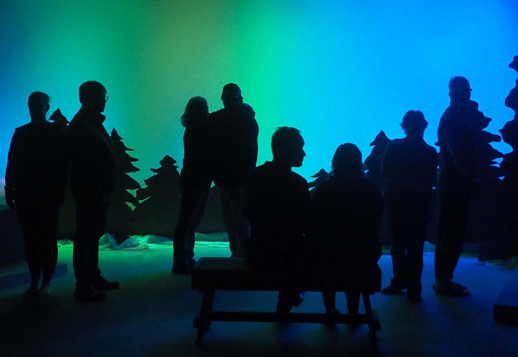 Image of a cast of actors on set. The actors are all shadows and the background has staged trees and imagery of the northern lights.