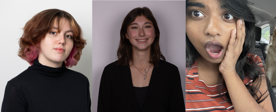 Three headshots. On the left, they look at the camera wearing a black shirt and standing against a white wall. In the middle, they smile at the camera, wearing a black blazer. On the right, they look shocked and are sitting in a car.